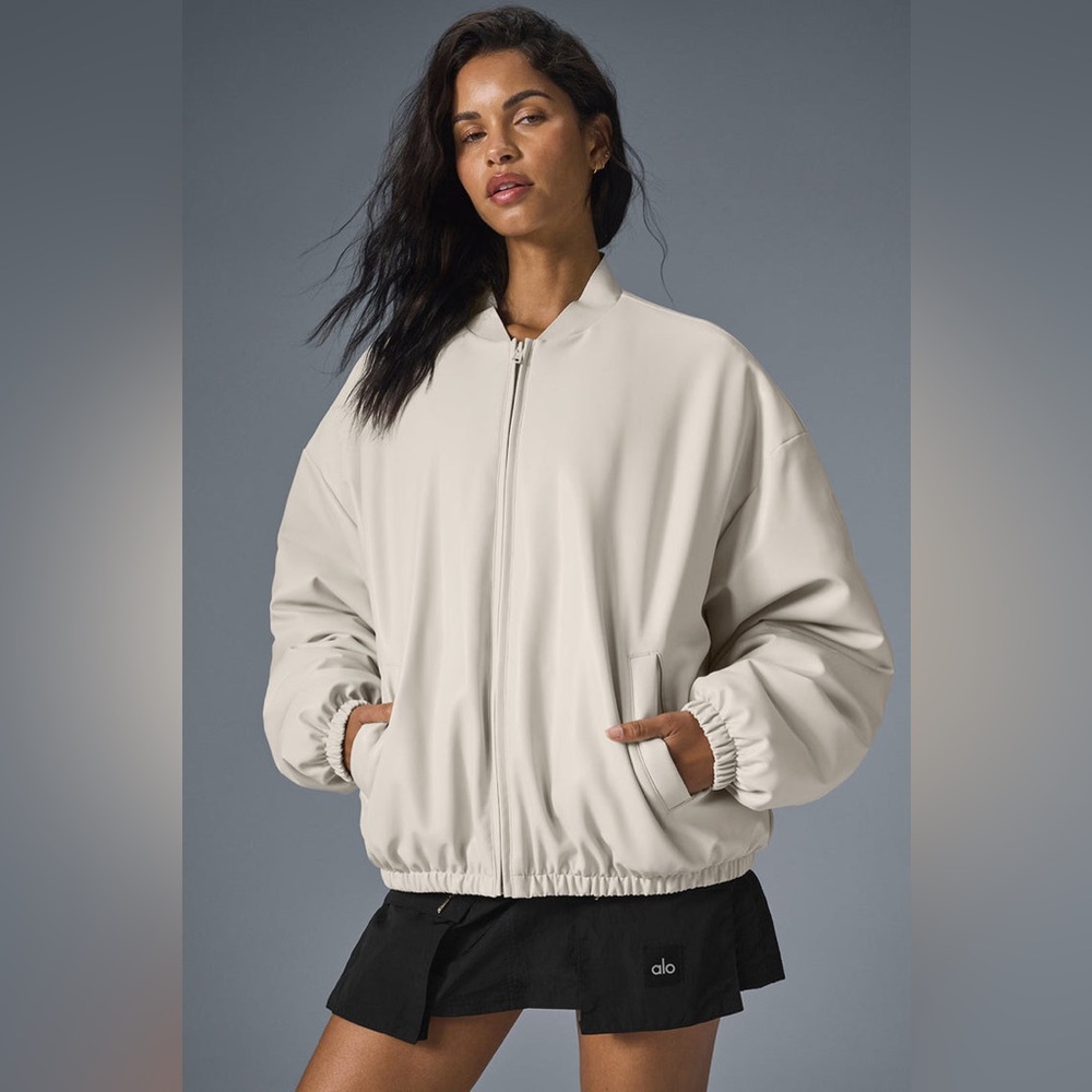 ALO Yoga Faux Leather Off-White Premier Bomber Jacket S *LNWOT* - Picture 1 of 11